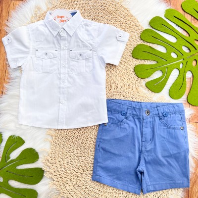 Conj. Camisa com Botões e Bermuda - Branco e Azul Jeans